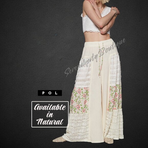 POL Flowy Lace & Double Gauze Floral Patch Palazzo Wide Leg Breezy Pants - Picture 9 of 11